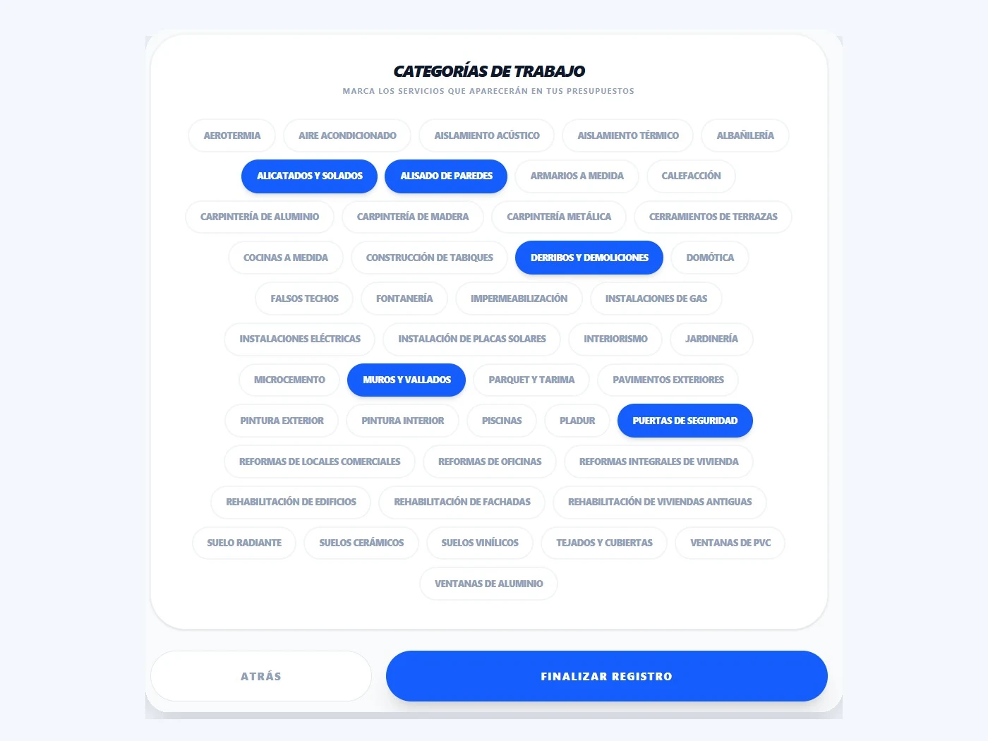 Selección de categorías reales del negocio dentro de la herramienta de presupuestos
